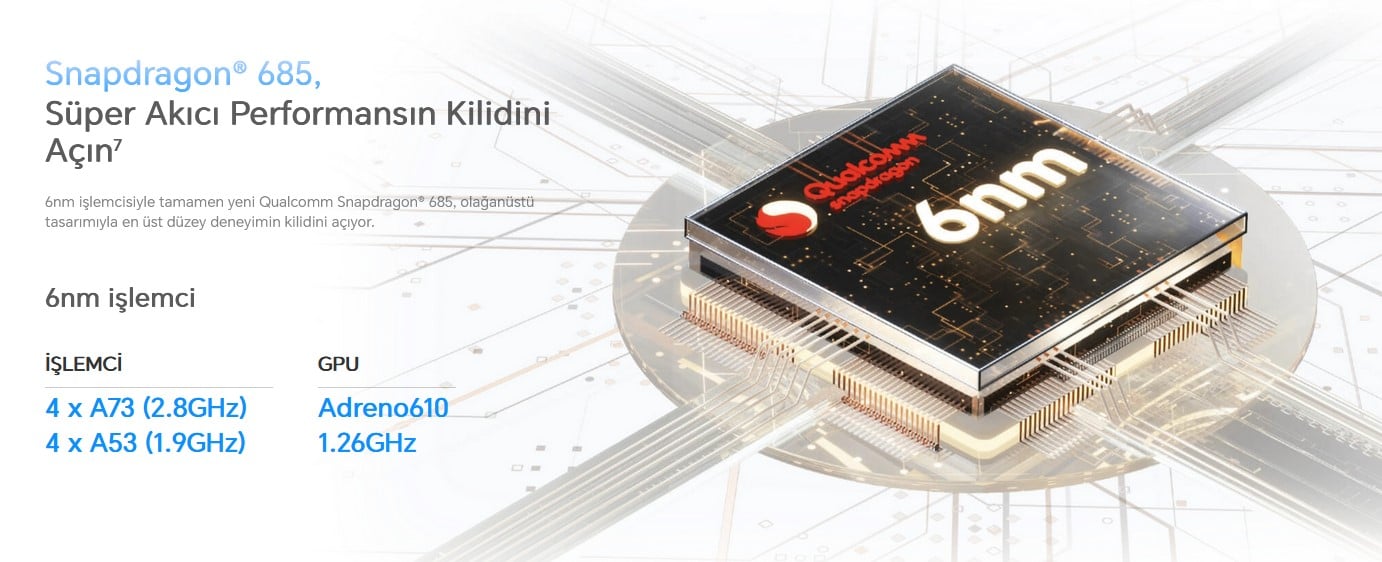  Snapdragon® 685, Süper Akıcı Performansın Kilidini Açın7  6nm işlemcisiyle tamamen yeni Qualcomm Snapdragon® 685, olağanüstü tasarımıyla en üst düzey deneyimin kilidini açıyor.
