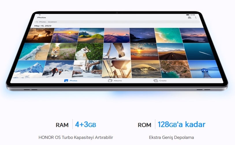  Ekstra Depolama, Ekstra Kapasite  4+128GB ekstra geniş depolama alanı tüm değerli anlarınızı içerebilir. Dahili HONOR OS Turbo, akıllı mod altında kapasiteyi 4+3GB'a çıkararak ürünün kullanımını daha sorunsuz hale getirir.8