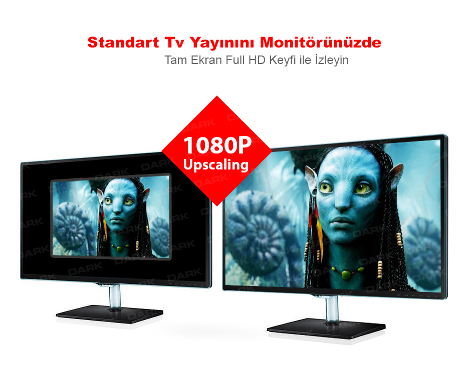 Full HD 1080p Çözünürlükte Gerçeğe En Yakın Görüntüyü Izleyin Dark TV BOX'ın geliştirilmiş görüntü işleyicisi (tuner) ile analog kablo TV ve anten yayınlarını 1920x1080/1920x1200 yüksek çözünürlük desteği ile monitörünüze taşır. Dark TVBOX; 4:3, 16:9 ve 16:10 oran desteği sayesinde standart yayınları geniş veya kare monitörlerinizde izlemek için biçilmiş kaftandır. Ayrıca, Dark harici Tv kutusuna Digiturk veya dilediğiniz uydu alıcısını kompozit bağlantıdan bağlayabilecek ve monitörünüzde izleyebiliceksiniz.