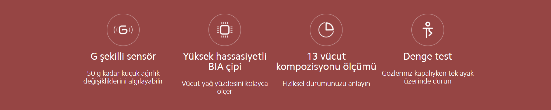 G şekilli sensör  50 g kadar küçük ağırlık değişikliklerini algılayabilir, Yüksek hassasiyetli BIA çipi  Vücut yağ yüzdesini kolayca ölçer, 13 vücut kompozisyonu ölçümü  Fiziksel durumunuzu anlayın