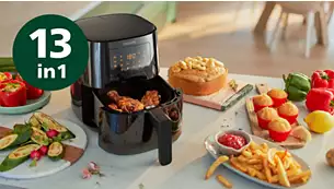 Çok yönlülük ve çok işlevlilik, hepsi bir arada Airfryer   Yeni Philips 5000 Serisi Bağlı Airfryer'ın 13 farklı pişirme işlevi vardır: kızartma, fırınlama, ızgara, fırında kızartma ve ısıtma. Ayrıca her seferinde mükemmel sonuçlar için kızartma, tavuk, balık ve çok daha fazlası arasından birini seçin.