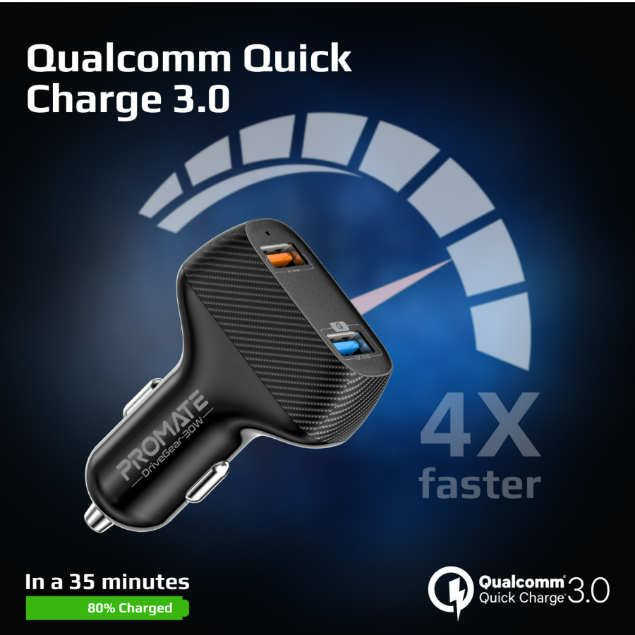   Qualcomm Quick Charge 3.0 Bağlantı Noktası ile Hızlı Şarj:  En yeni ve hızlı şarj teknolojisine sahip inanılmaz araç şarj cihazı, yerleşik bir Hızlı Şarj 3.0 Bağlantı Noktası ile birlikte gelir. Tüm cihazlarınızı diğer geleneksel şarj cihazlarından daha hızlı bir şekilde sadece 35 dakikada %80'e kadar şarj ederek üstün performans sunar.