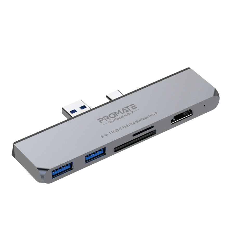Promate Surfacehub-7 USB Hub Type-C / USB Bağlantı, Hdmı, Kart Okuyucu, HDMI ve Type-C   Microsoft Surface Pro 7 için Promate Type-C™ Hub, 4K HDMI Adaptörlü Premium 6-In-1 USB Hub Bağlantı İstasyonu, SD/TF Kart Yuvaları, USB Type-C™ Bağlantı Noktası ve Çift USB 3.0 Sync Şarj Bağlantı Noktası, SurfaceHub-7