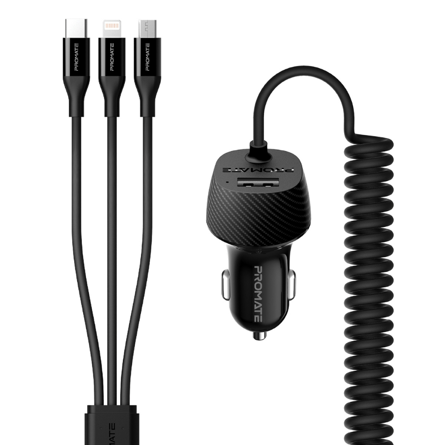 Promate Voltrip-Uni Araç Şarj Cihazı Çakmak Girişli Lightning Type-C Mikro USB + Ek USB Giriş   3.4A çok kablolu bir araç şarj cihazı olan VolTrip-UNI ile birden fazla şarj kablosu taşıma zahmetine girmeden USB ile çalışan tüm cihazlarınızı şarj edebilirsiniz. Devrim yaratan bu ürün, 3'ü 1 arada şarj kablosu, USB 3.0 Type-C ™, Mikro USB ve Lightning konektörüne sahiptir.  Mobil cihazlarınızı her zaman tam şarjlı ve açık/bağlı durumda  tutar. VolTrip-UNI seyahatlerinizde mükemmel bir yol arkadaşıdır.