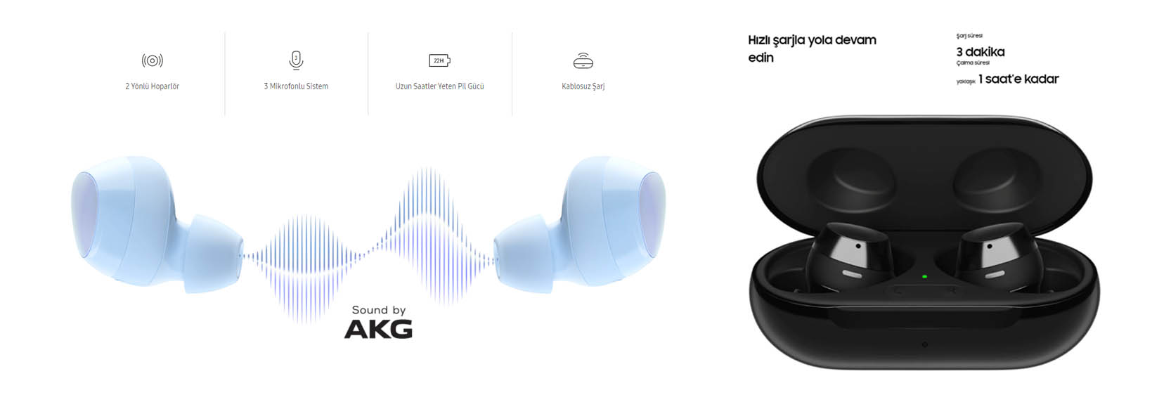 PİL Müziğe güç verin   Pil ömründen endişe etmeden müzik dinleyin. Tek bir şarjla 11 saate kadar kesintisiz müzik dinleyin ve Galaxy Buds+ şarj kutusuyla müzik keyfinizi 22 saate kadar uzatın.   Kablosuz kulaklık, kablosuz şarj Pillerinizi Qi uyumlu herhangi bir kablosuz şarj cihazıyla şarj edin veya doğrudan Galaxy telefonunuzdan güç paylaşımı yapın.   Şarj zamanının geldiğini fark edin Ne zaman şarj etmeniz gerektiğini anlamak için kulaklıklarda ve şarj kutusunda kalan pil ömrünü akıllı telefonunuzdan kontrol edin.   TASARIM Zengin renklerle baş döndürün   Galaxy Buds+?ın ince ve kompakt ambalajı, pek çok farklı renk seçeneği ve kulağınıza konforlu bir şekilde yerleşen, uzun kullanıma uygun ergonomik kulaklık ve kanat uçlarını içerir. Ne müzikten ne de hareket özgürlüğünüzden vazgeçin.   KULLANIŞLI Yalnızca duymak istediklerinizi duyun   Etrafınızda olup bitenin farkında olmak ve bağlantıda kalmak için dış dünyanın ne kadarını duyacağınıza siz karar verin. Kulaklığınızı çıkarmadan etrafınızdakilerle etkileşim sağlamak için Ortam ses seviyesini açmanız yeterli.   Kontrol etmek için dokunmanız yeterli Şarkı listenizi kontrol etmek, aramalara cevap vermek ve sesi ayarlamak için kulaklığınıza dokunmanız yeterli. Daha fazla kontrol sağlamak ve cep telefonunuza ihtiyaç duymamak için dokunma komutlarını kişiselleştirebilirsiniz.   Dokunuş Oynatma, Duraklatma Çift Dokunuş Sonraki şarkı, Telefona cevap verme/Çağrıyı bitirme Üç Dokunuş Önceki şarkı Basılı Tutma Kullanıcı tanımlı işlevleri gerçekleştirme