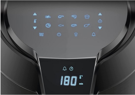 Büyük dijital dokunmatik kontrol paneli8 otomatik menü ayarı: Patates kızartması, pirzola, karides, kek, pizza, balık, ızgara, kızartma Otomatik zil, otomatik kapanma ile pratik zamanlayıcı (60 dakikaya kadar) dahil Sıcaklık kontrolü: Sıcaklık 80°C ile 200°C arasında ayarlanabilir