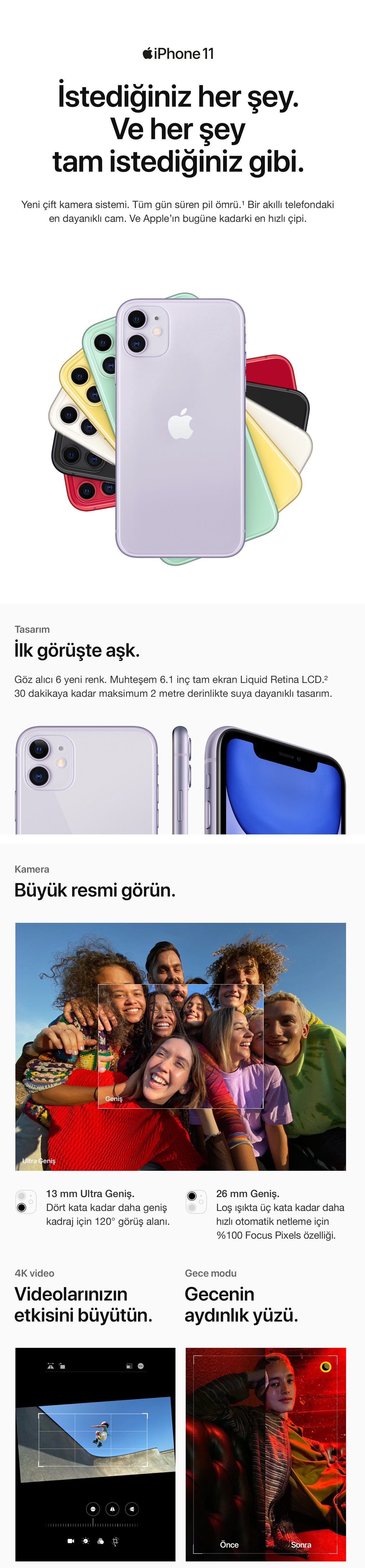 iphone 11 128 GB 4 GB Ram Özellikleri arasında tüm kameralarla saniyede 60 kare 4K video çekin. Ultra geniş kamera ve gece çekimleriniz net ve daha keyifli. Gün boyu süren pil. A13 bionic bir telefonda kullanılan en hızlı çip. 