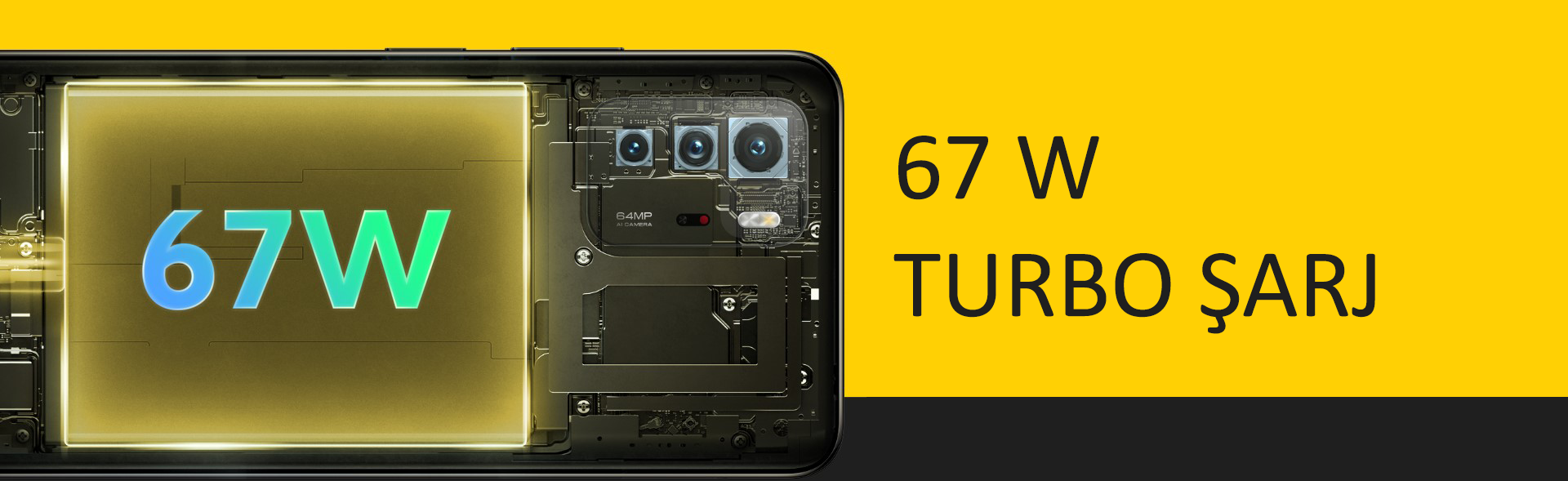 Poco X3 Gt 67W TURBO ŞARJ Şimdiye kadarki en hızlı şarj olan POCO telefonu olan bu cihaz, 67W Turbo Şarj ile donatılmıştır. Sadece 10 dakikalık şarjdan sonra 3,5 saate kadar video izleyebilirsiniz. Sadece 42 dakikada %0-100 arasında şarj edilebilir. Büyük 5000 mAh (tip) pil, tüm gün boyunca size güç sağlar.