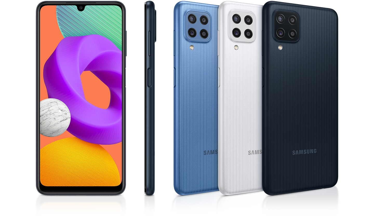 Galaxy M22’nin şık tasarımı dikkat çeken modern bir görünüme sahiptir. Zarif kıvrımları daha rahat bir tutuş sunarken ekranda gezinmeyi kolaylaştırır. Siyah, Beyaz ve Açık Mavi renklerden dilediğinizi seçin.