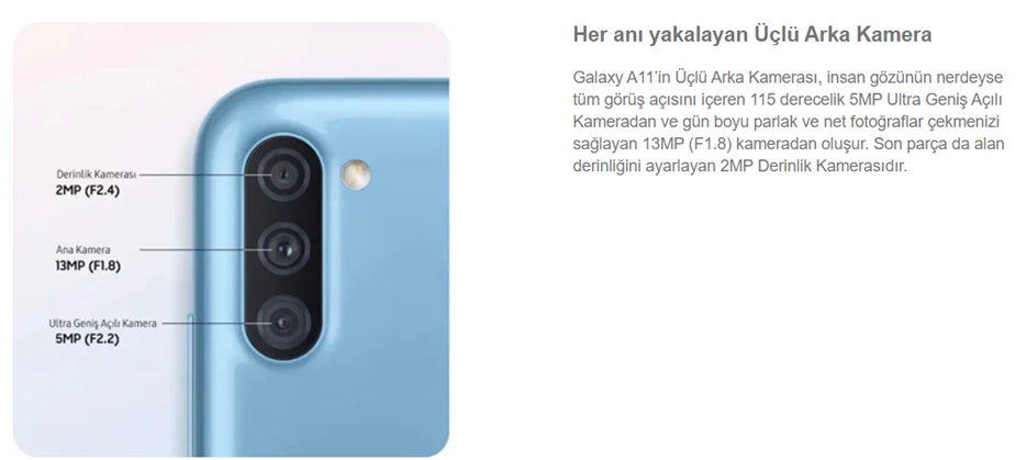 Samsung Galaxy A11 32GB 2GB Ram 6.4 inç Cep Telefonu her anı yakalayan iç arka kamera