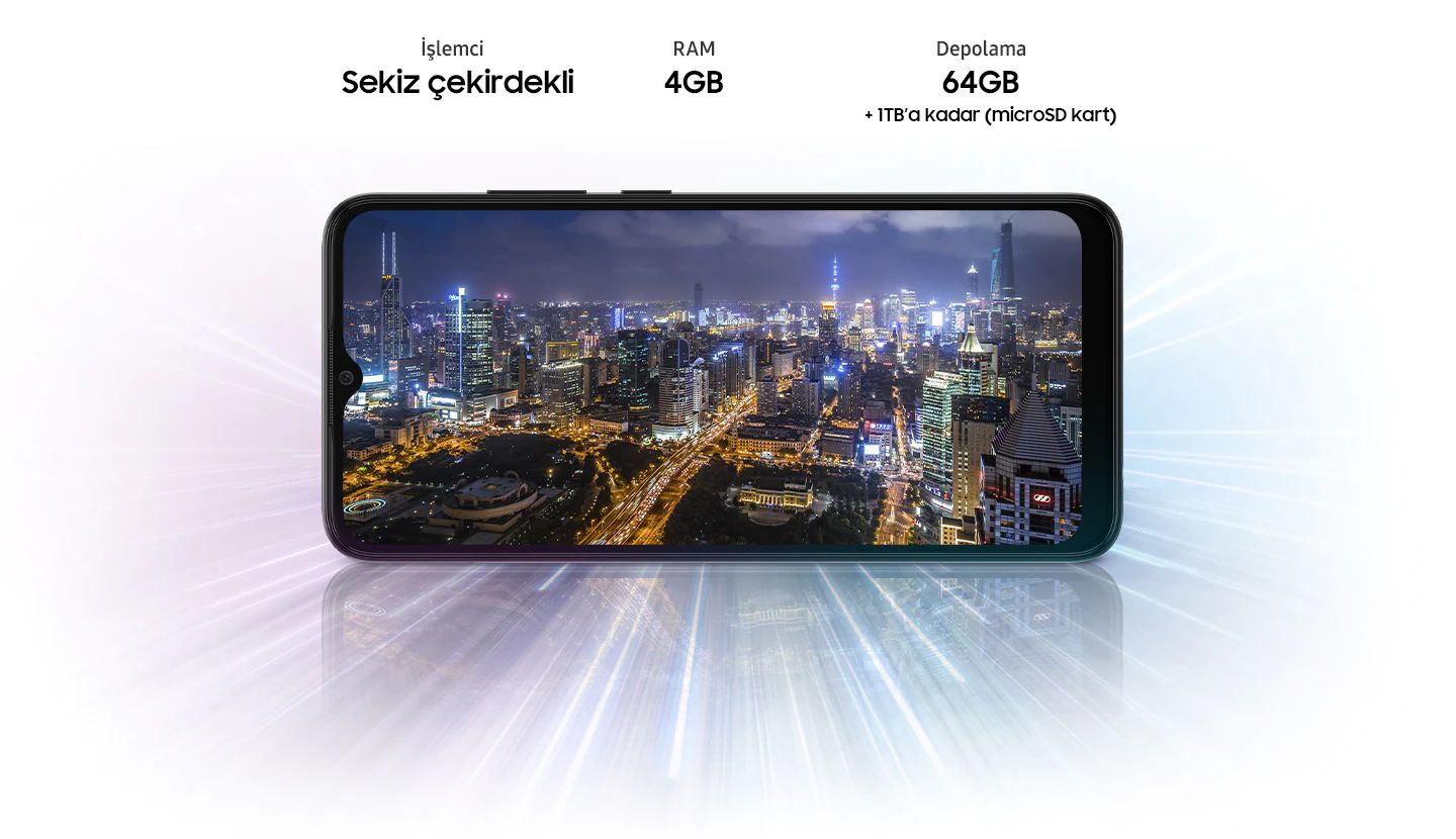 Daha fazlasını yapabilen güçlü performans Galaxy A03, sekiz çekirdekli işlemci gücünü 4GB RAM ile birleştirerek verdiğiniz görevi hızlı ve verimli bir performans sergileyerek yerine getirir. 64GB dahili hafıza keyfini yaşayabilir ya da dilerseniz microSD kartı ile 1TB’a kadar daha fazla depolama alanı ekleyebilirsiniz.