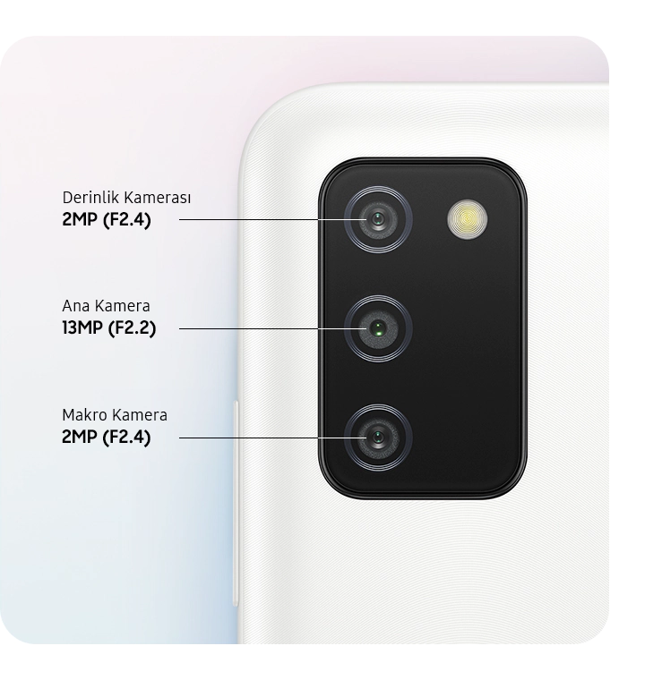 Her anı yakalayan Üçlü Arka Kamera Galaxy A03s'in 13MP ana kamerası ile en değerli anları net ve güzel fotoğraflarla ölümsüzleştirin ya da 2MP makro kamerayla ayrıntıları daha yakından yakalayın. Dikkatleri kendi üzerinize çekmek istediğinizde ise tek yapmanız gereken 5MP selfie kamerasını kullanmak.
