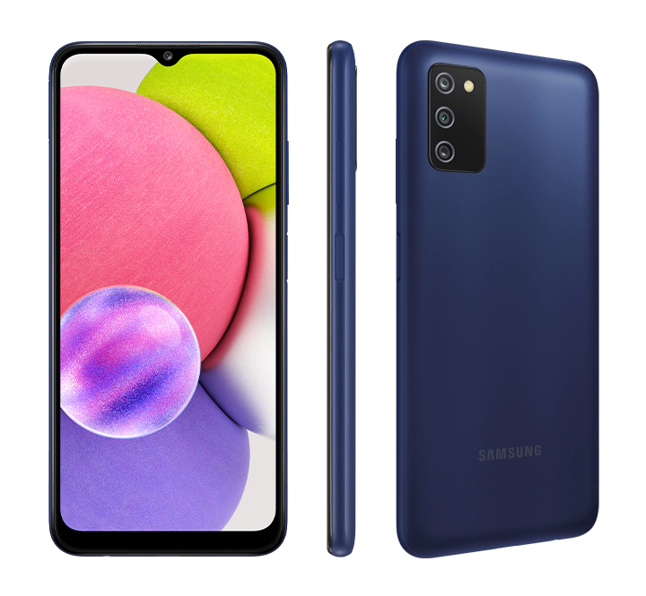 Modern ve şık tasarım Galaxy A03s, modern tasarım estetiği ile hem göze hitap eder hem de elde tutarken zarif bir his verir. Şık görünümüyle öne çıkmanızı sağlayan Siyah, Beyaz ve Mavi renk seçeneklerinden tercih ettiğiniz ile tarzınızı tamamlar.