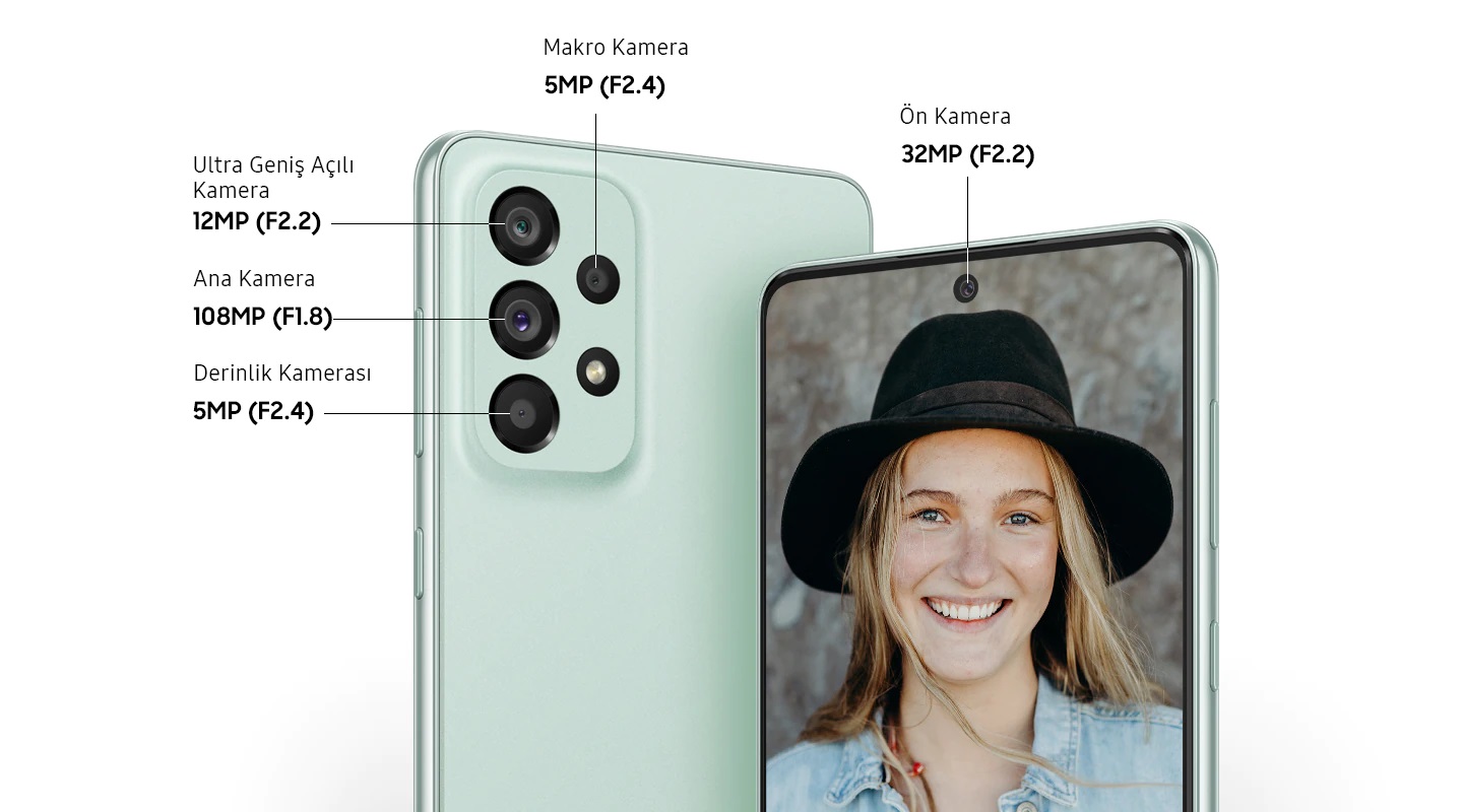 Mükemmel çekimler için çoklu lensler Her bir muhteşem an için çoklu lensler. Galaxy A73 5G, yüksek çözünürlüklü 108MP Geniş Açılı Kamera benzersiz bir netlik sunmak için daha fazla ışık ve ayrıntıyı yakalar. Ultra Geniş Açılı Kamera ile herkesi kadraja sığdırın, Derinlik Kamerası ile odak notanızı özelleştirin ve Makro Kamera ile ayrıntılara daha da yakınlaşın.