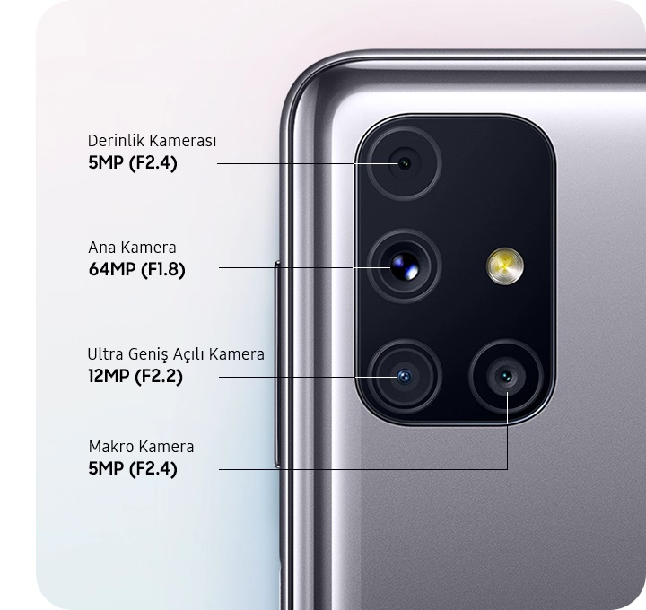 Hayatın güzel anları için Dörtlü Arka Kamera sizi bekliyor. 64MP Ana Kamera ile ultra yüksek çözünürlükte çekim yapın veya 12MP Ultra Geniş Açılı Kameranın 123° görüş açısıyla her anı tam olarak gördüğünüz gibi çekin. 5MP Derinlik Kamerası arka planı bulanıklaştırırken, 5MP Makro Kamera yakın çekimleri odakta tutar.