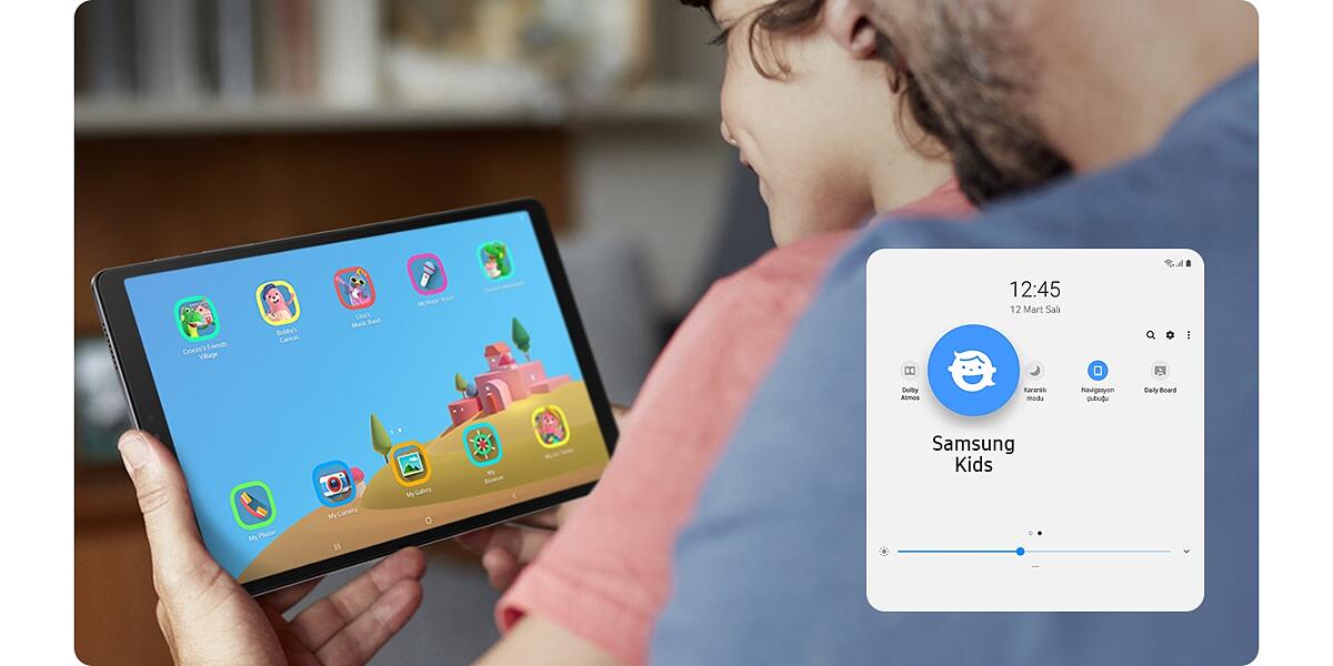  Öğrenmek ve eğlenmek için dijital bir oyun alanı Samsung Kids uygulaması, çocuklarınızın keşfetmesi için güvenli bir ortam oluşturmanızı sağlar. Çocuklarınıza özel karakterlere ve uygulamalara erişmek için hızlı erişim panelinde Samsung Kids uygulamasına dokunmanız yeterli. Ebeveyn kontrolü özelliği, kullanım ve oyun süresini denetleyerek, tableti çocuklarınıza gönül rahatlığıyla vermenizi sağlar.