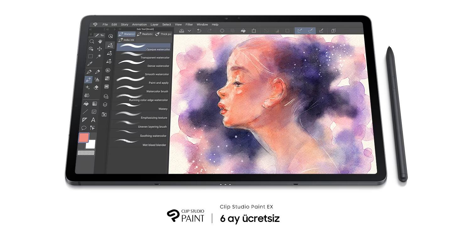 Clip Studio Paint ile sanat eserinizi yaratmaya hazırsınız  Clip Studio Paint ile birlikte S Pen kullanarak vizyonunuzu hayata geçirin. Hikaye çizimi, boyama ve sahip olduğu diğer araçların yardımıyla kendi çizgi romanınızı bile çizebilirsiniz. Bir profesyonel gibi kendi sanat eserlerinizi yaratmanız için 6 ay boyunca sizin için ücretsizdir.