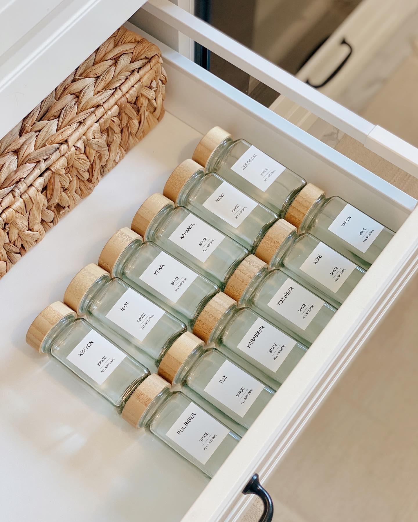 Bambu Kapaklı Etiketli Cam Kavanoz Baharatlık 12li Set