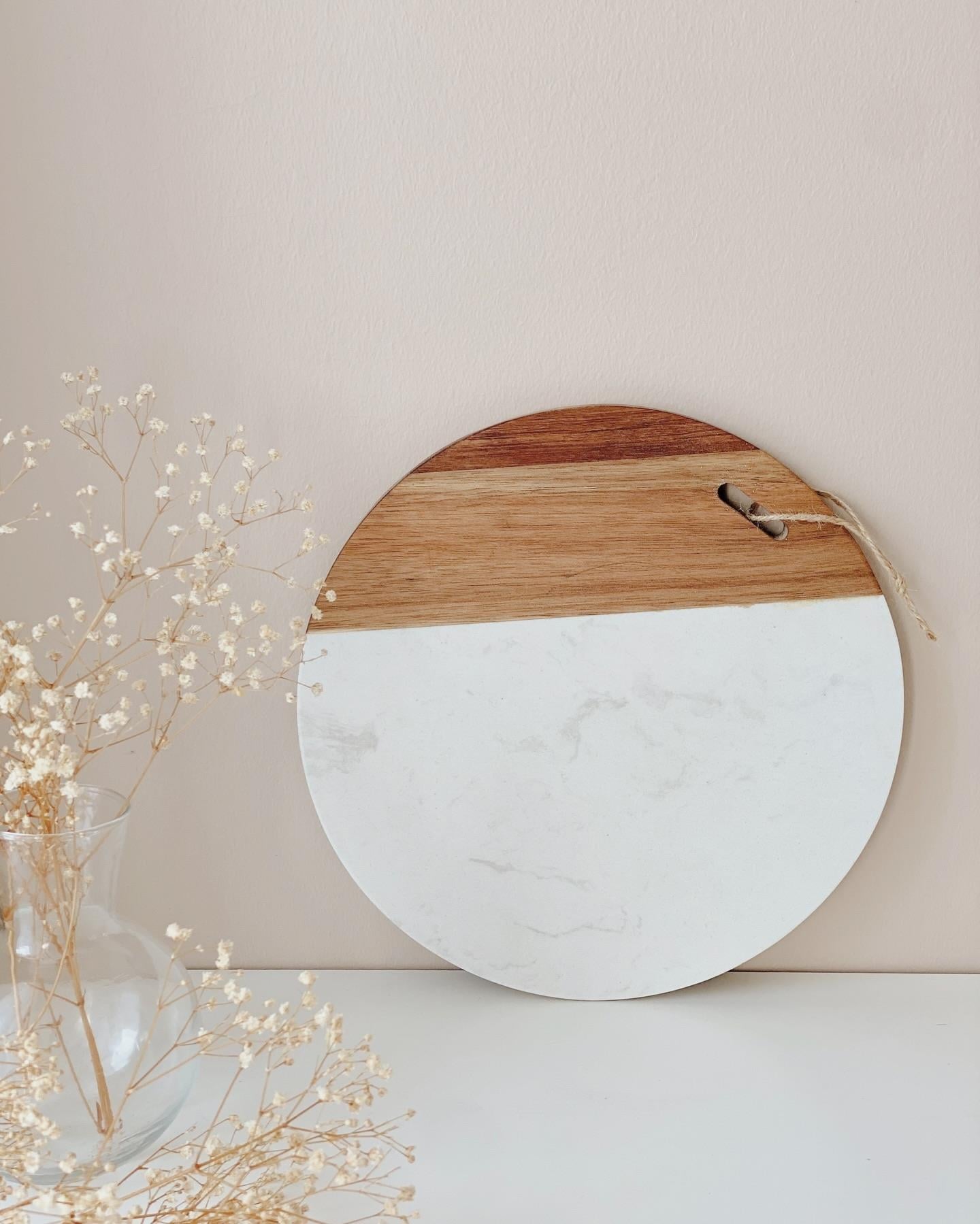 Mermer Detaylı Ahşap Sunum Tahtası Yuvarlak 25 cm