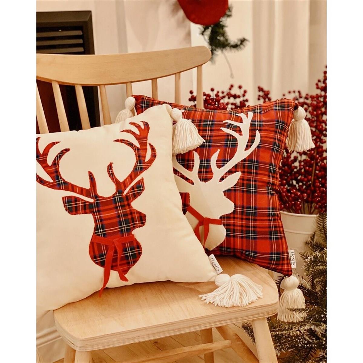 Püsküllü Geyikli Kırmızı Ekose Yastık Kılıfı
