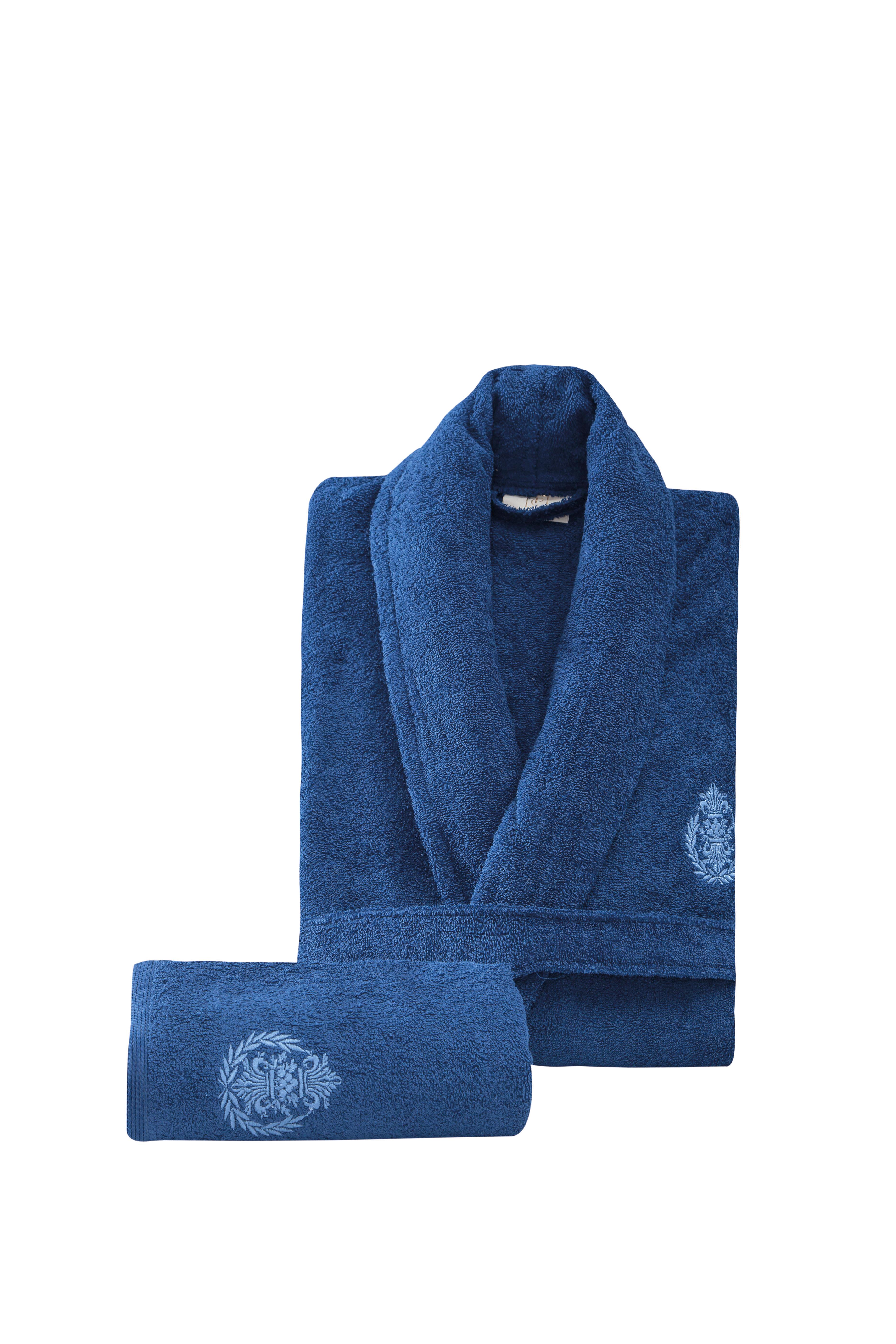2 Parça Klasik Arma Nakışlı %100 Pamuk Erkek Bornoz Seti Lacivert