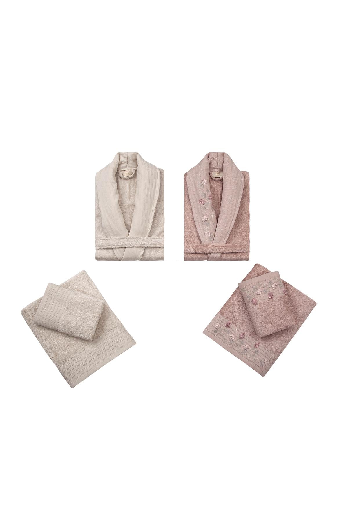 6 Parça Luiza Bambu El İşi Nakışlı Bornoz Setiaçık Kahve -Pudra Tomurcuk Desen