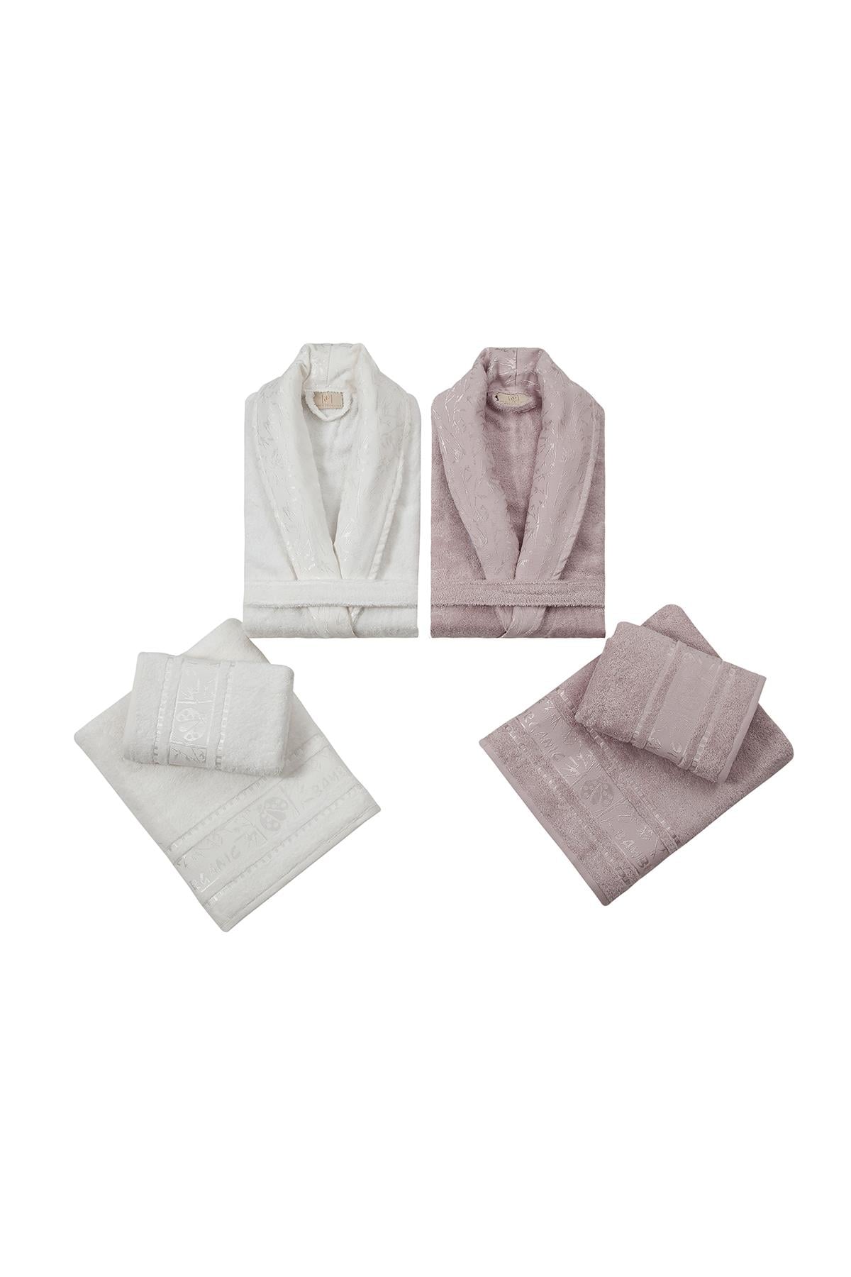 6 Parça Silver Bambu Bornoz Seti Lila-Ekru