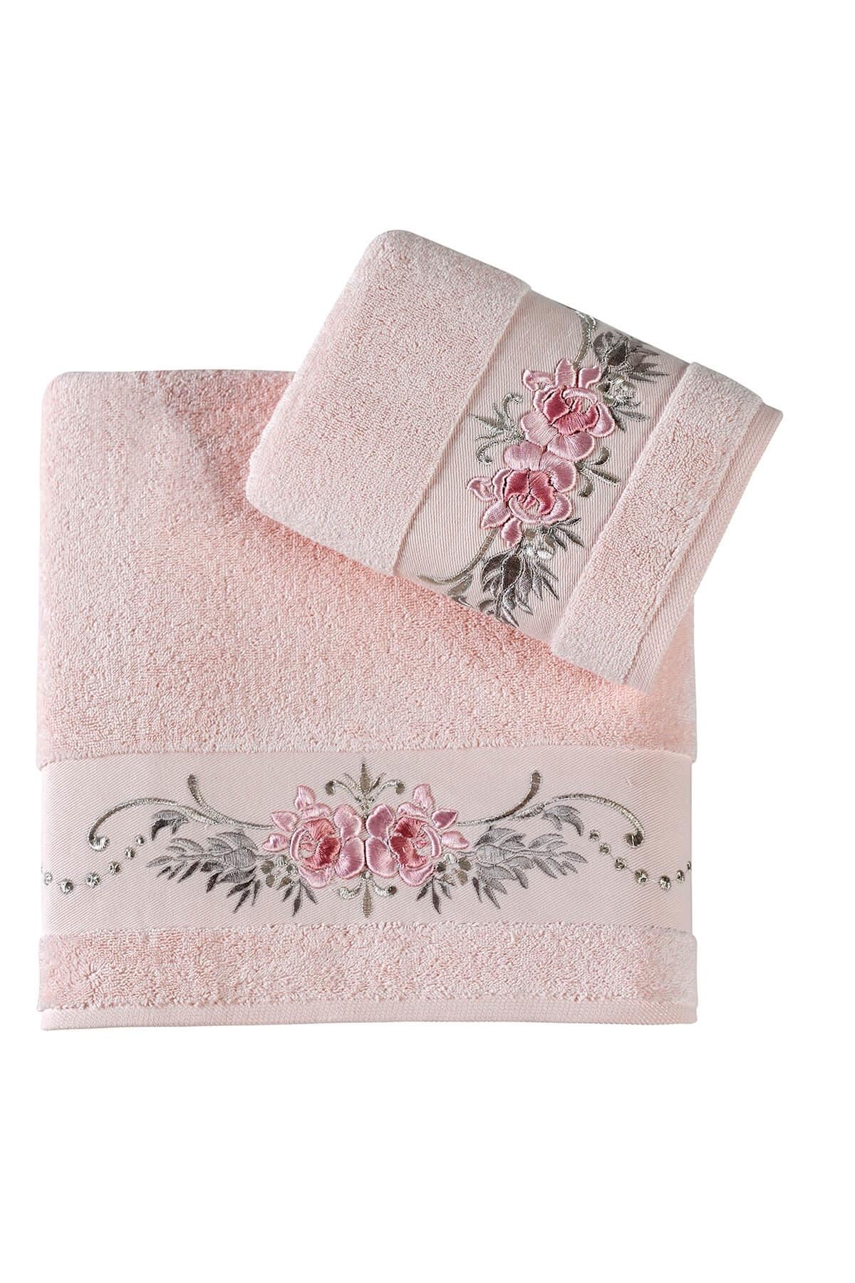 Eva Penye Nakışlı 2'Li Banyo Havlu Seti (50*90+70*140) Tomurcuk Desen - Pembe
