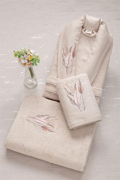 3 Parça Bomonti Bambu 3 Boyutlu Nakışlı Kadın  Bornoz Seti  Somon