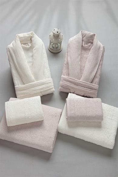 6 Parça Sedef Bambu Jakar Desenli Bornoz Seti  Açık Lila Ekru