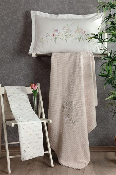 Paradise 4 Parça Nakışlı Pike Takımı - Pudra