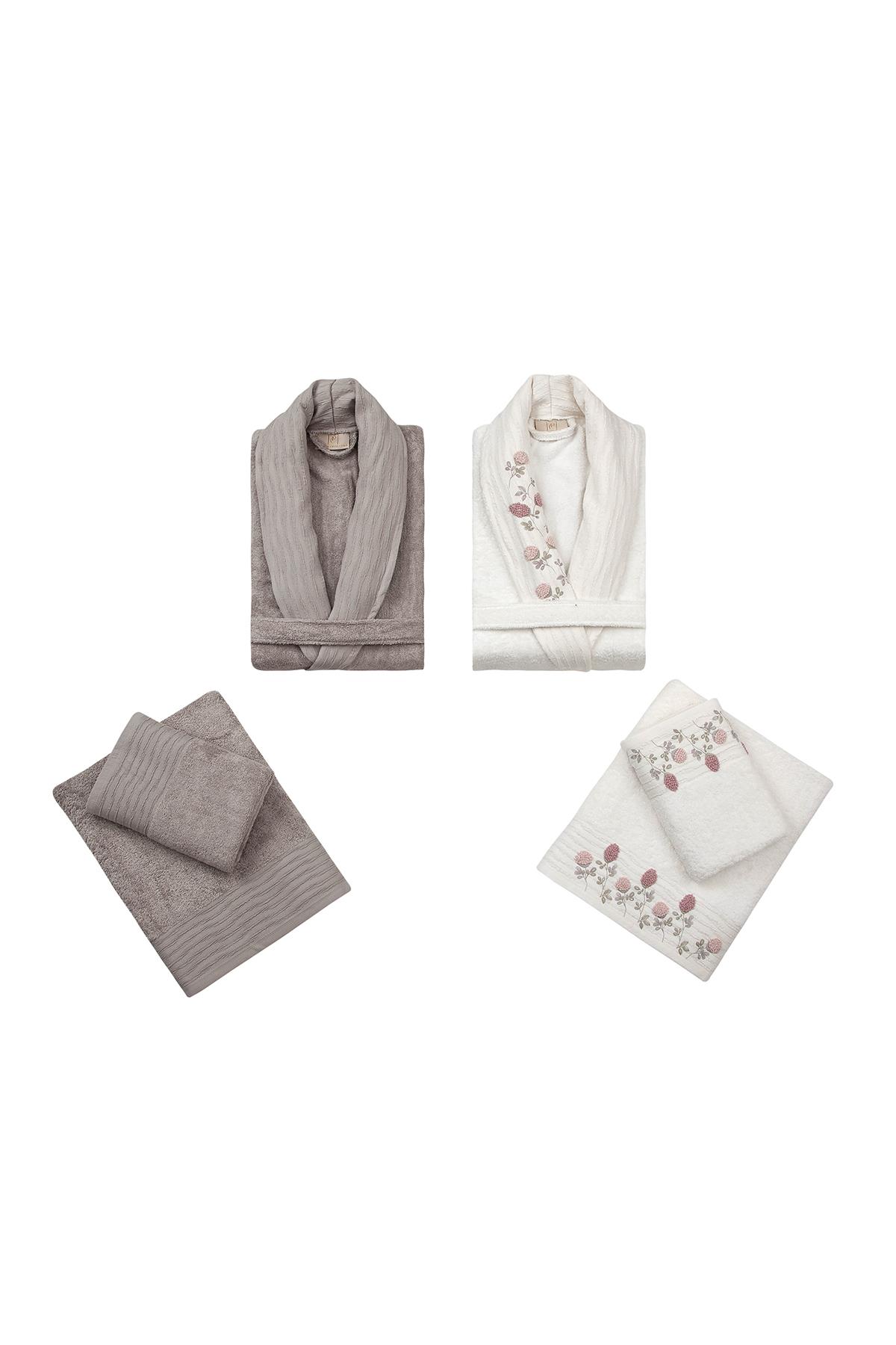 6 Parça Luiza Bambu El İşi Nakışlı Bornoz Seti Bej-Ekru Tomurcuk Desen