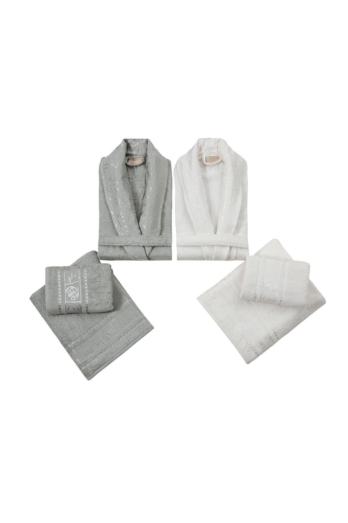 6 Parça Silver Bambu Bornoz Seti Açık Kahve-Ekru