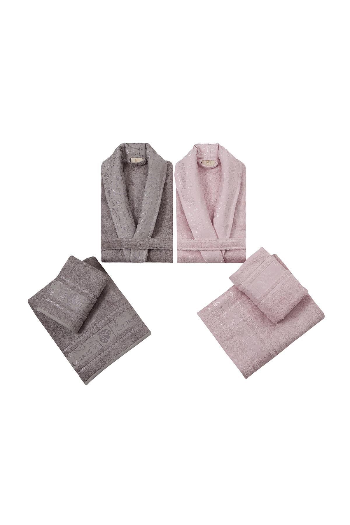 6 Parça Silver Bambu Bornoz Seti Pembe-Gri