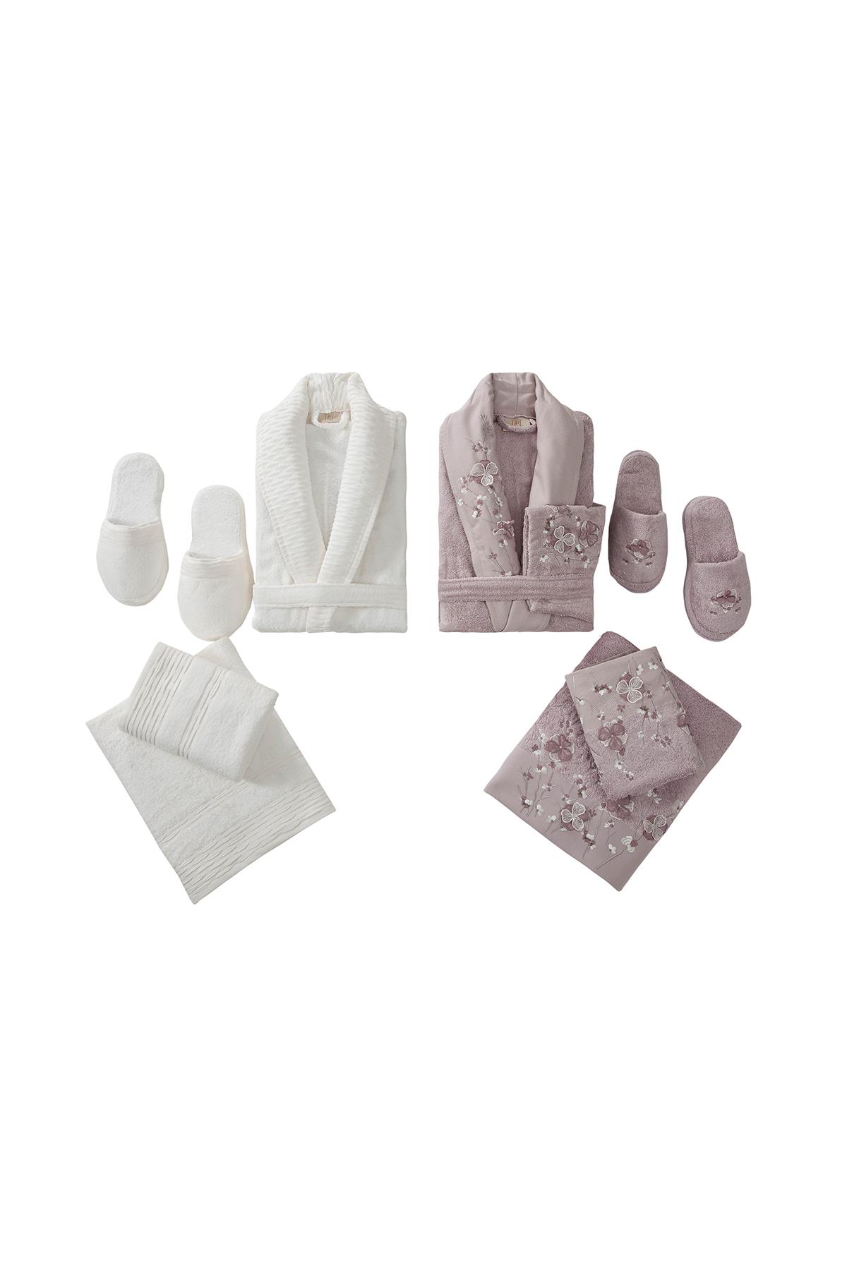 8 Parça Lizaro Bambu 3 Boyutlu Nakışlı Terlikli Bornoz Seti Lila-Ekru