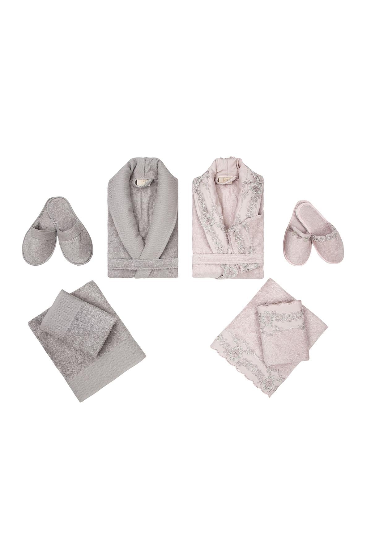 8 Parça Marta Bambu Güpürlü Terlikli Bornoz Seti Gülkurusu-Kahve