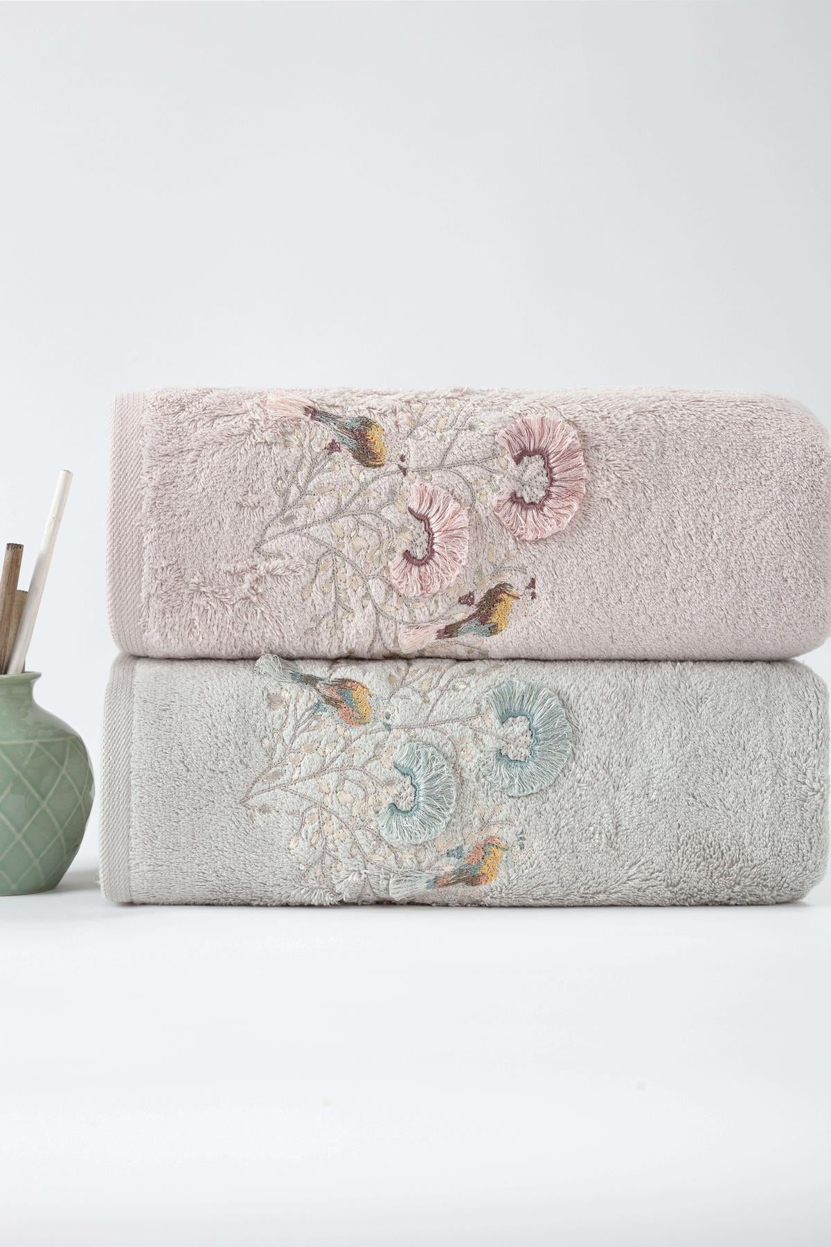 Bomonti 50*90 Bambu 2'Li 3 Boyutlu Nakışlı Yüz Havlusu Pembe-Mavi