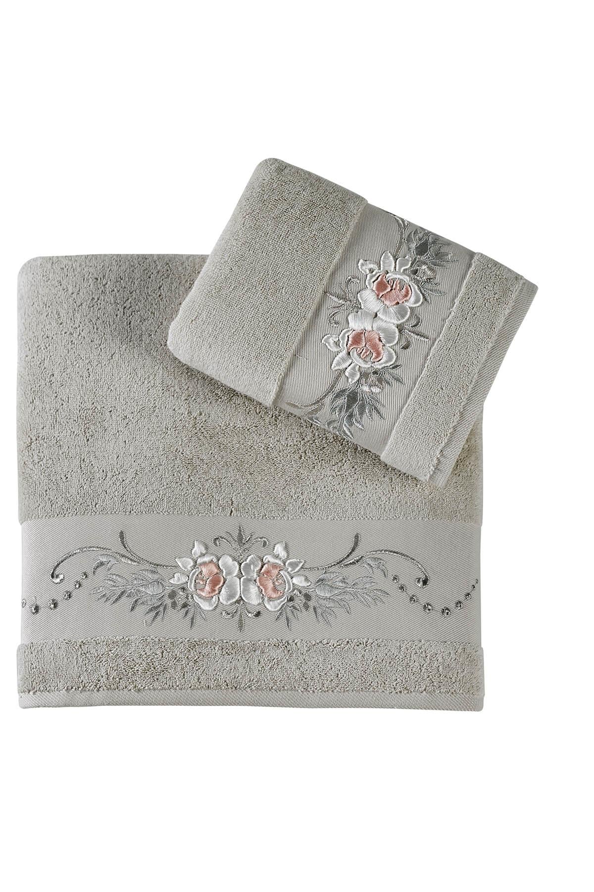 Eva Penye Nakışlı 2'Li Banyo Havlu Seti (50*90+70*140) Tomurcuk Desen - Bej