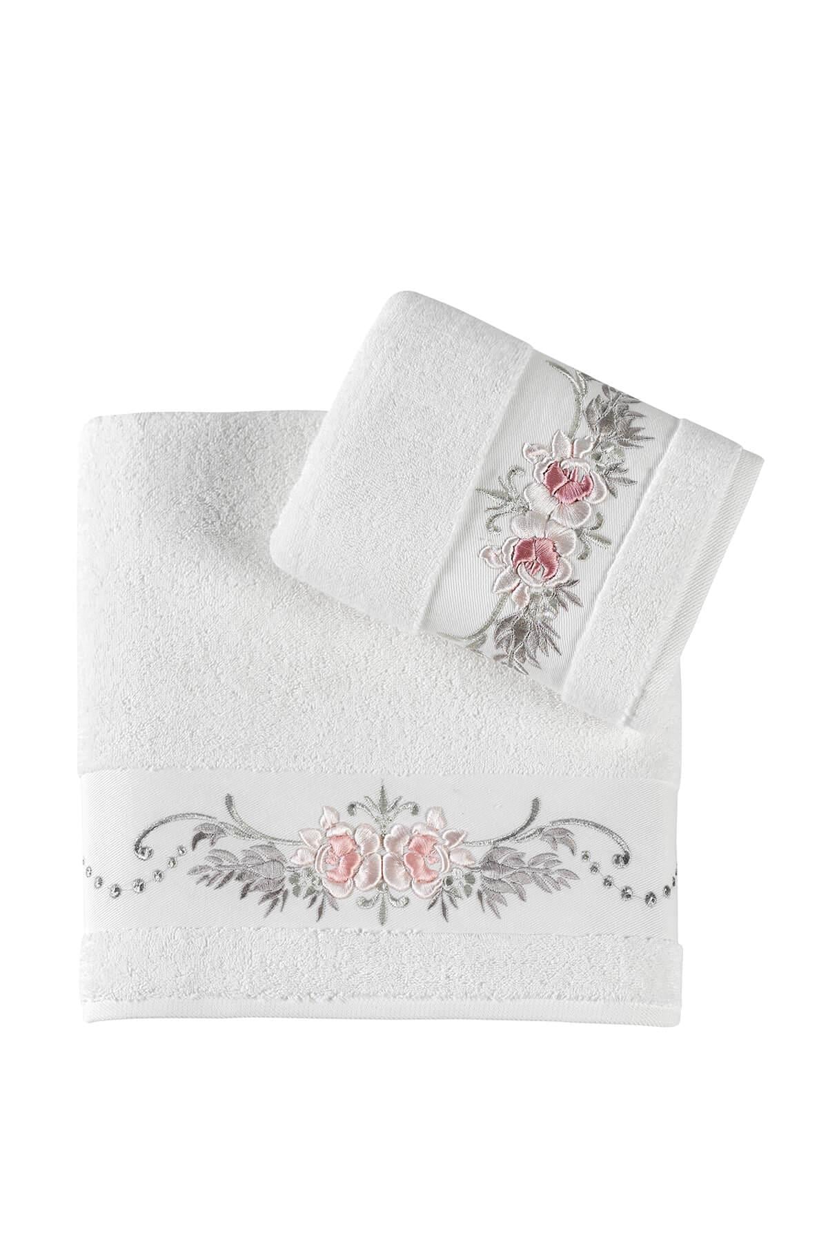 Eva Penye Nakışlı 2'Li Banyo Havlu Seti (50*90+70*140) Tomurcuk Desen - Krem