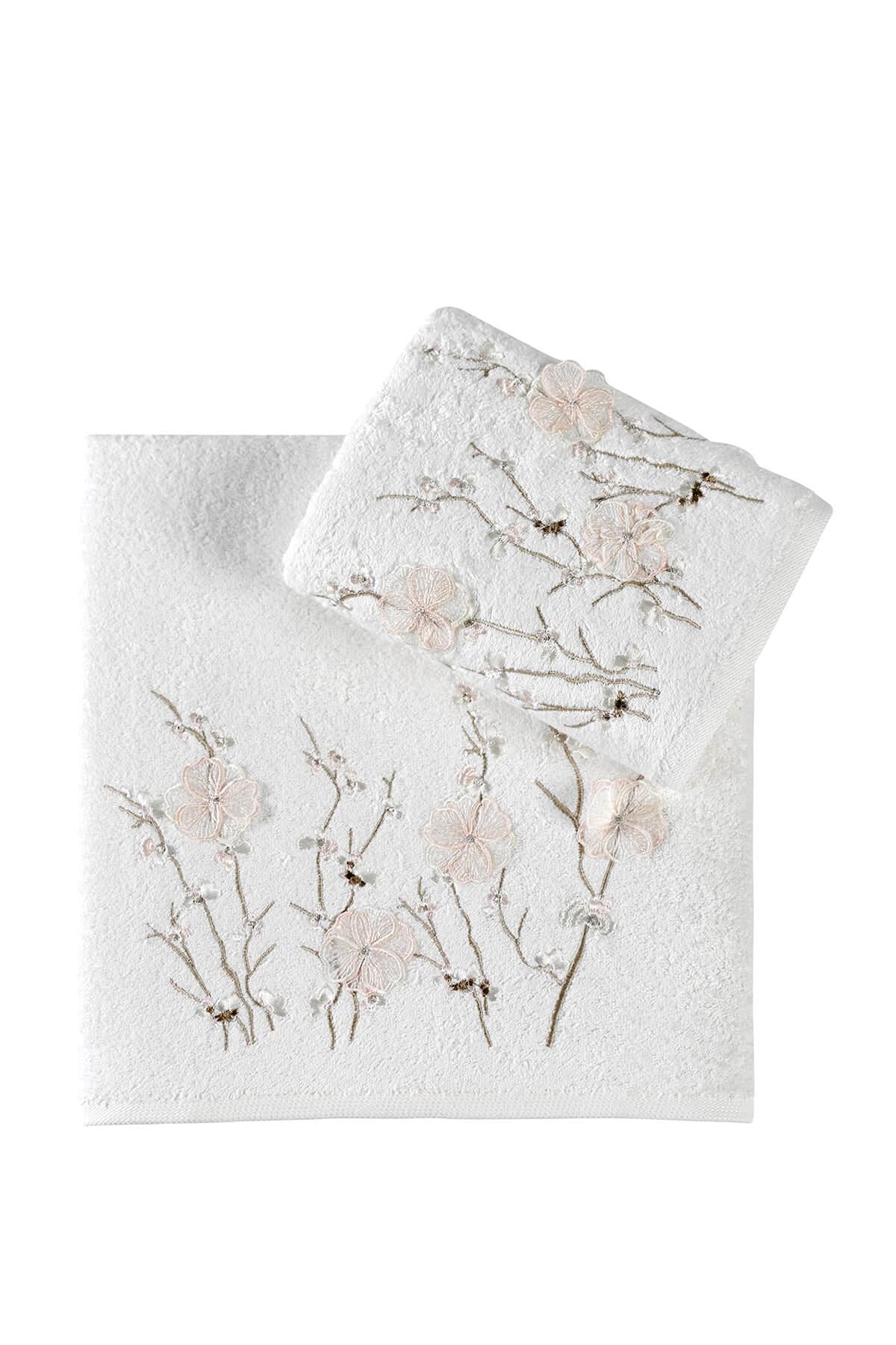 Lizaro Bambu 3 Boyutlu Nakışlı 2'Li Banyo Havlu Seti (50*90+70*140) -Krem