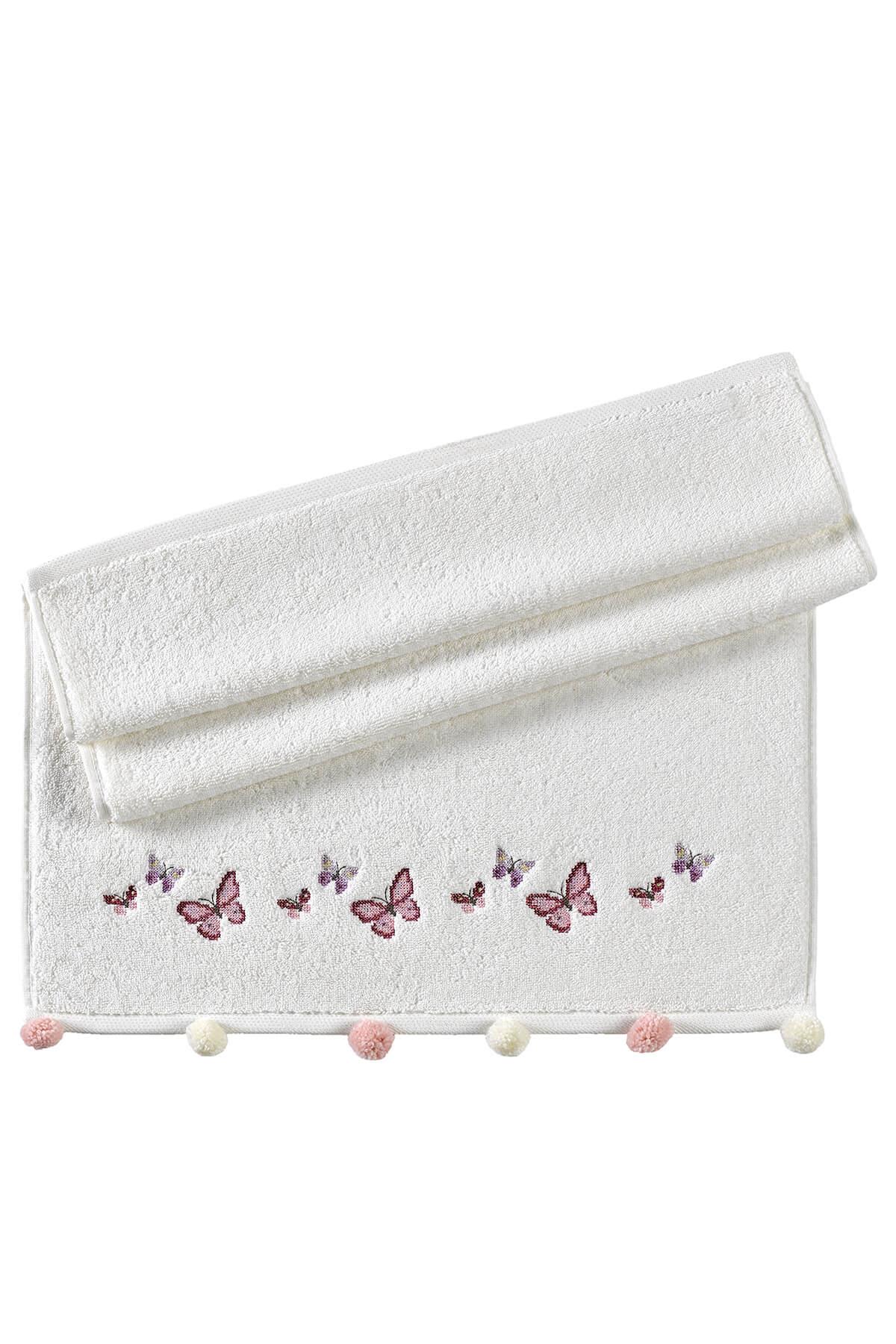 Sıla Ponponlu 50*90 Tekli Penye Yüz Havlusu (Kutulu) Kelebek Desen - Ekru
