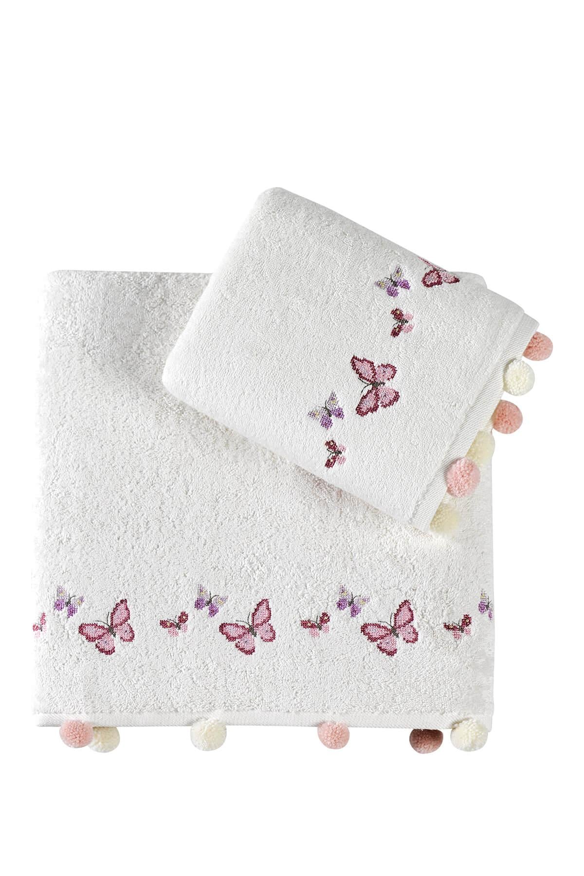 Sıla Ponponlu Penye 2'Li Banyo Havlu Seti (50*90+70*140) Kelebek Desen - Ekru
