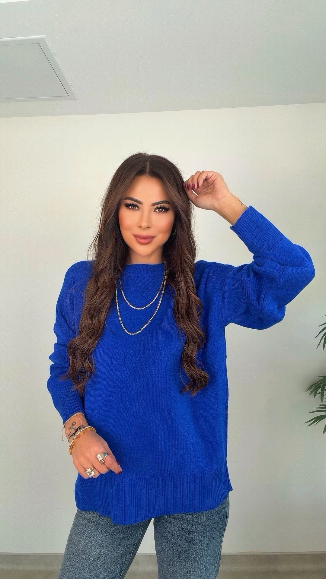 Azral Yuvarlak Yaka Kadın Mavi Triko Kazak