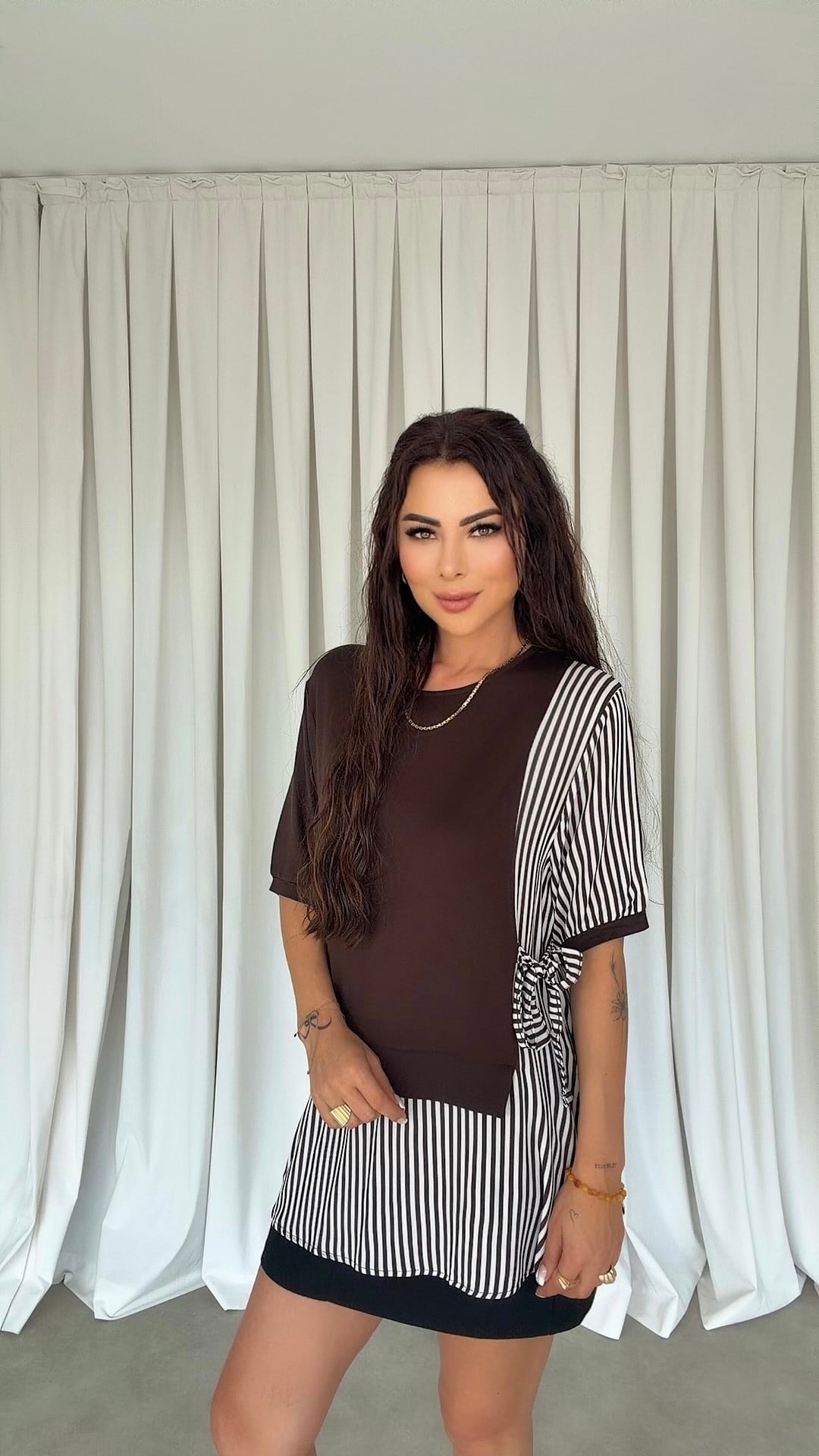 Cunre Kadın Parçalı Kahverengi Tunik Bluz