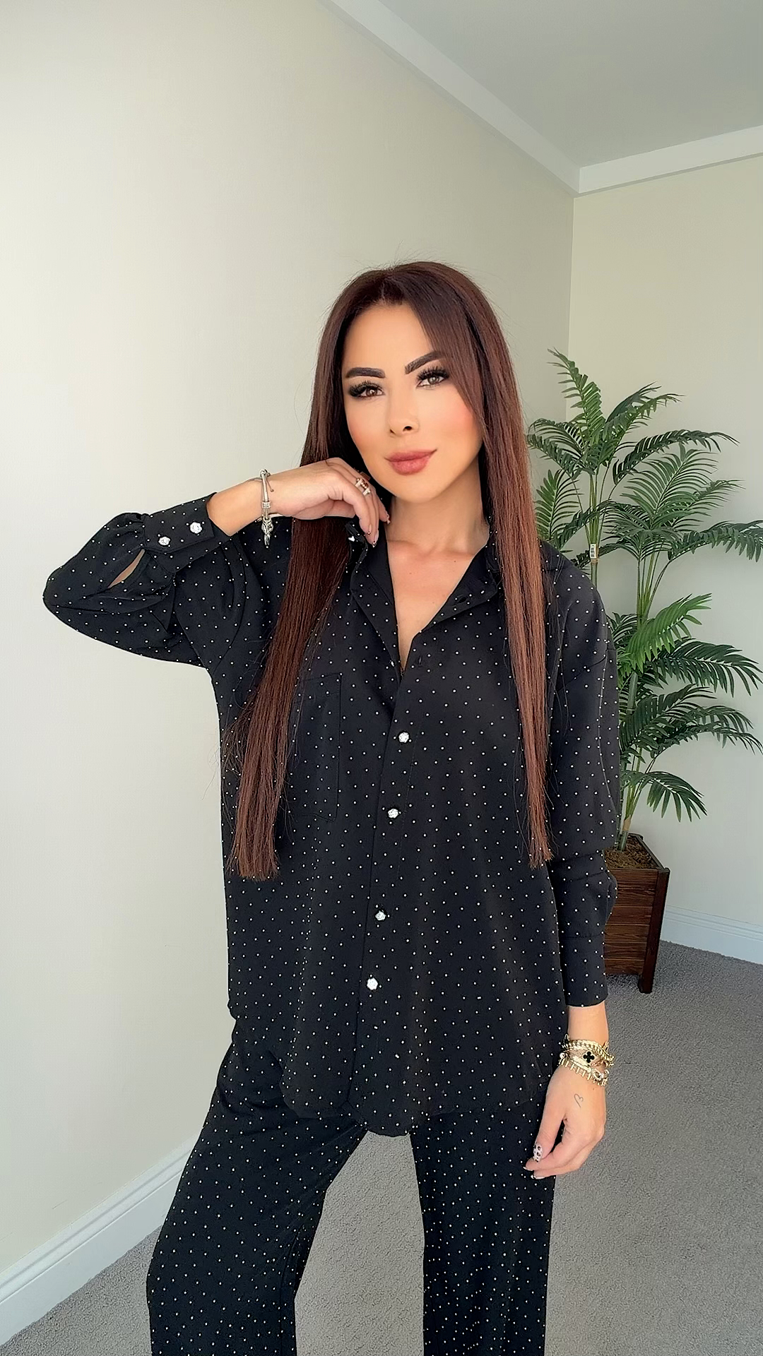 Elyra Kadın Taşlı Gömlekli Siyah Takım