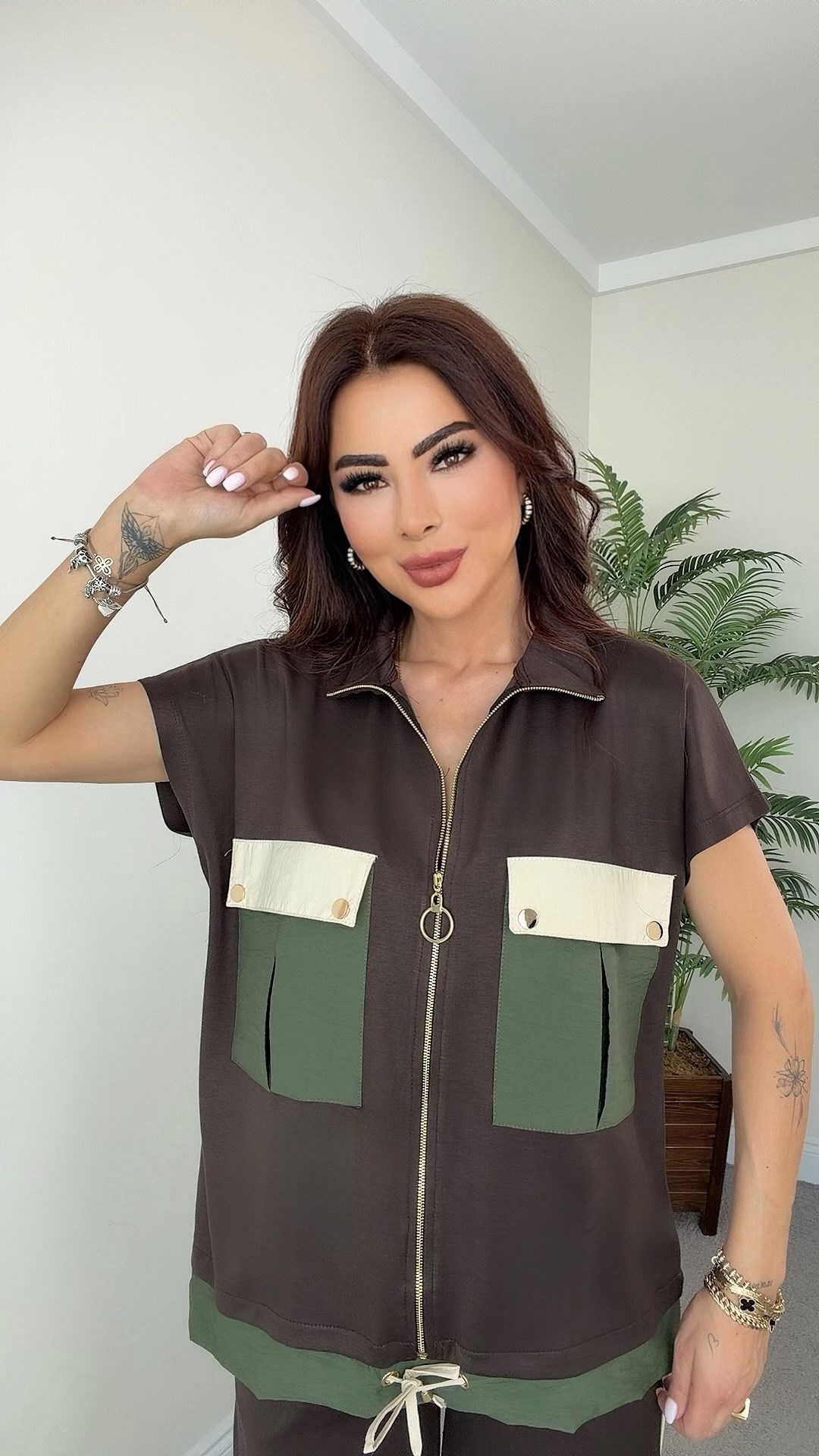 Femian Kadın Premium Cepli Kahverengi Takım