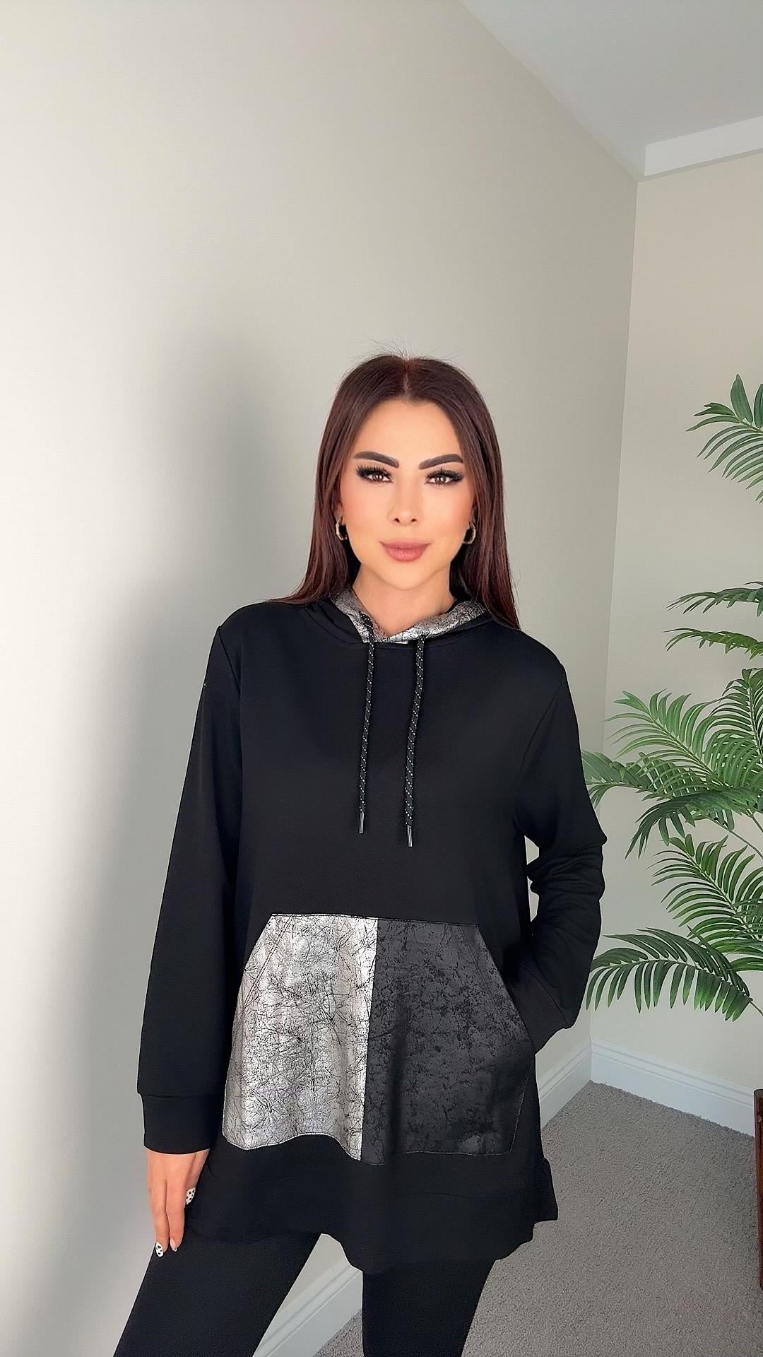 Hell Kadın Kapüşonlu Siyah Kanguru Cepli Sweat