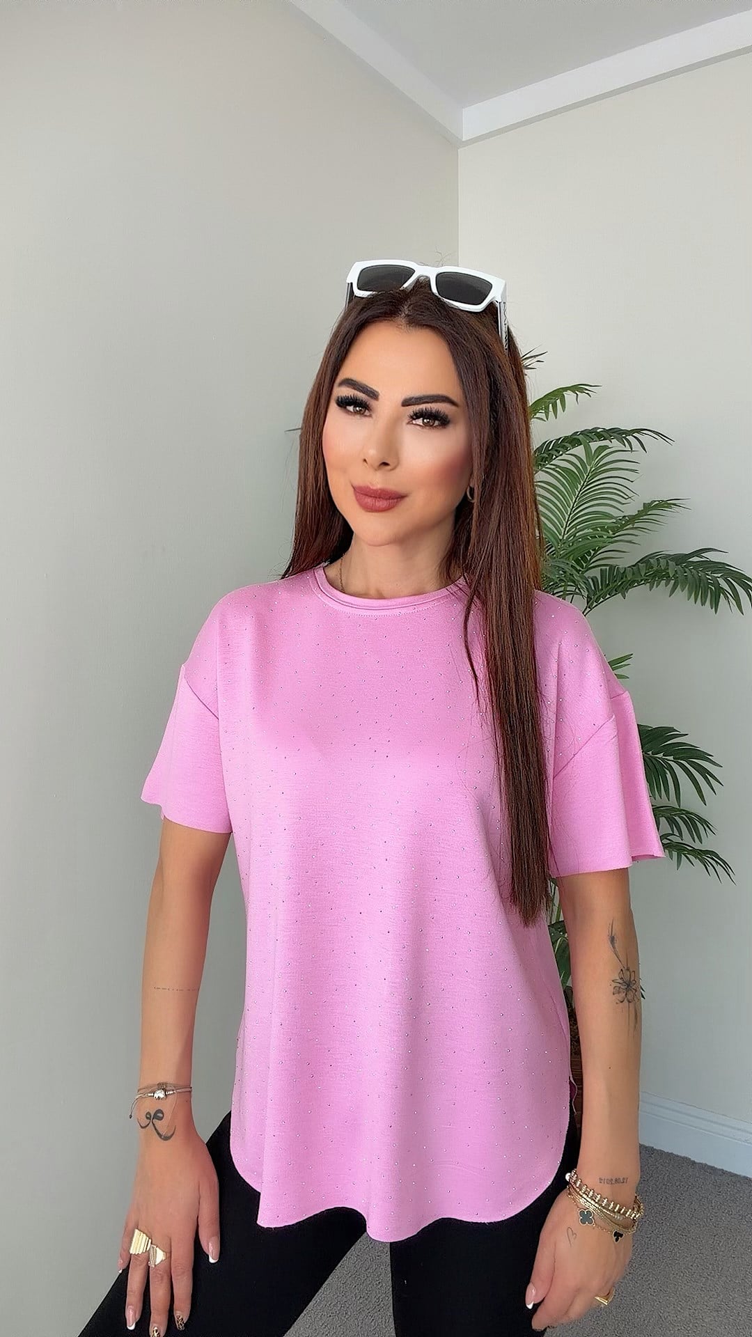 Hennie Kadın Taşlı Pembe Basic T-shirt