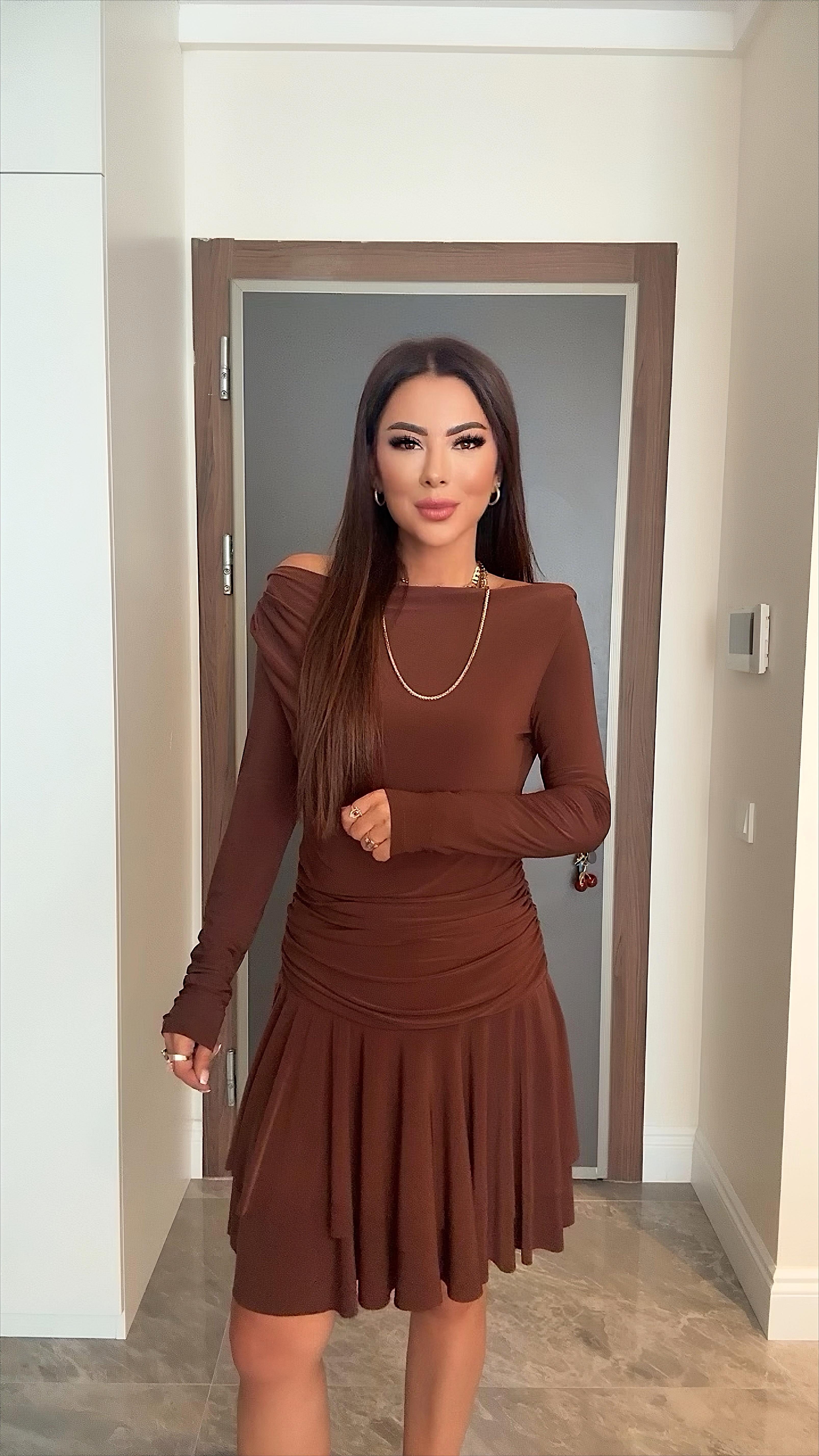 Kessa Kadın Kayık Yaka Drapeli Kahverengi Elbise