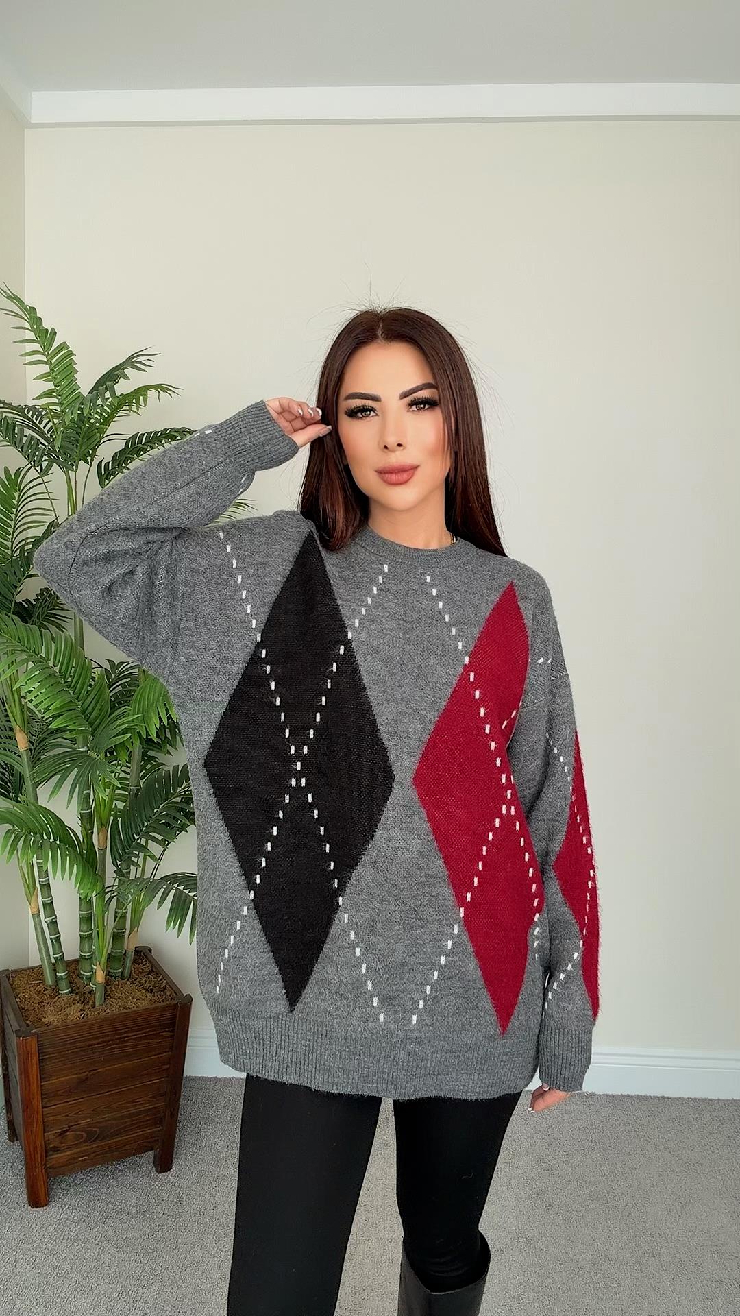 Kote Kadın Baklava Desenli Gri Bordo Siyah Triko Kazak